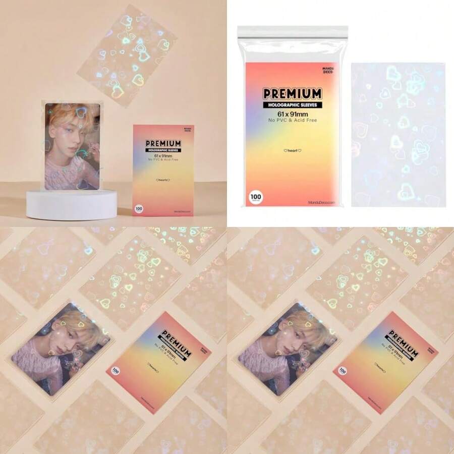 Best Sell-Heart Holographic Kpop Photocard Sleeves Card Protector PVC Free And Acid Free Shield Cover 100 Sleeves Per Pack 61x91mm(For Double Sleeving ) - 61x91毫米(用於雙層套管) - 查看 1