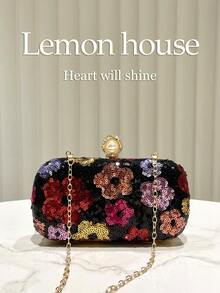 1 Bolsa Clutch Preta com Glitter e Estampa Floral, Bolsa de Festa Versátil e Sofisticada, Ideal para Ocasiões Formais como Festas, Casamentos, Galas, Coquetéis e Festivais. - Preto - Ver 2