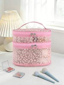 1个少女粉色豹纹网眼化妆包，奢华椭圆形多层圆筒化妆包，大容量便携旅行洗漱用品收纳包 - 彩色 - 查看 10