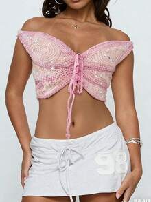 Y2K Women's 3D Butterfly Sequin Crop Top, Off Shoulder Cut Out Tie Front Glitter Top For Festival Rave Vacation - Hồng - Xem 6