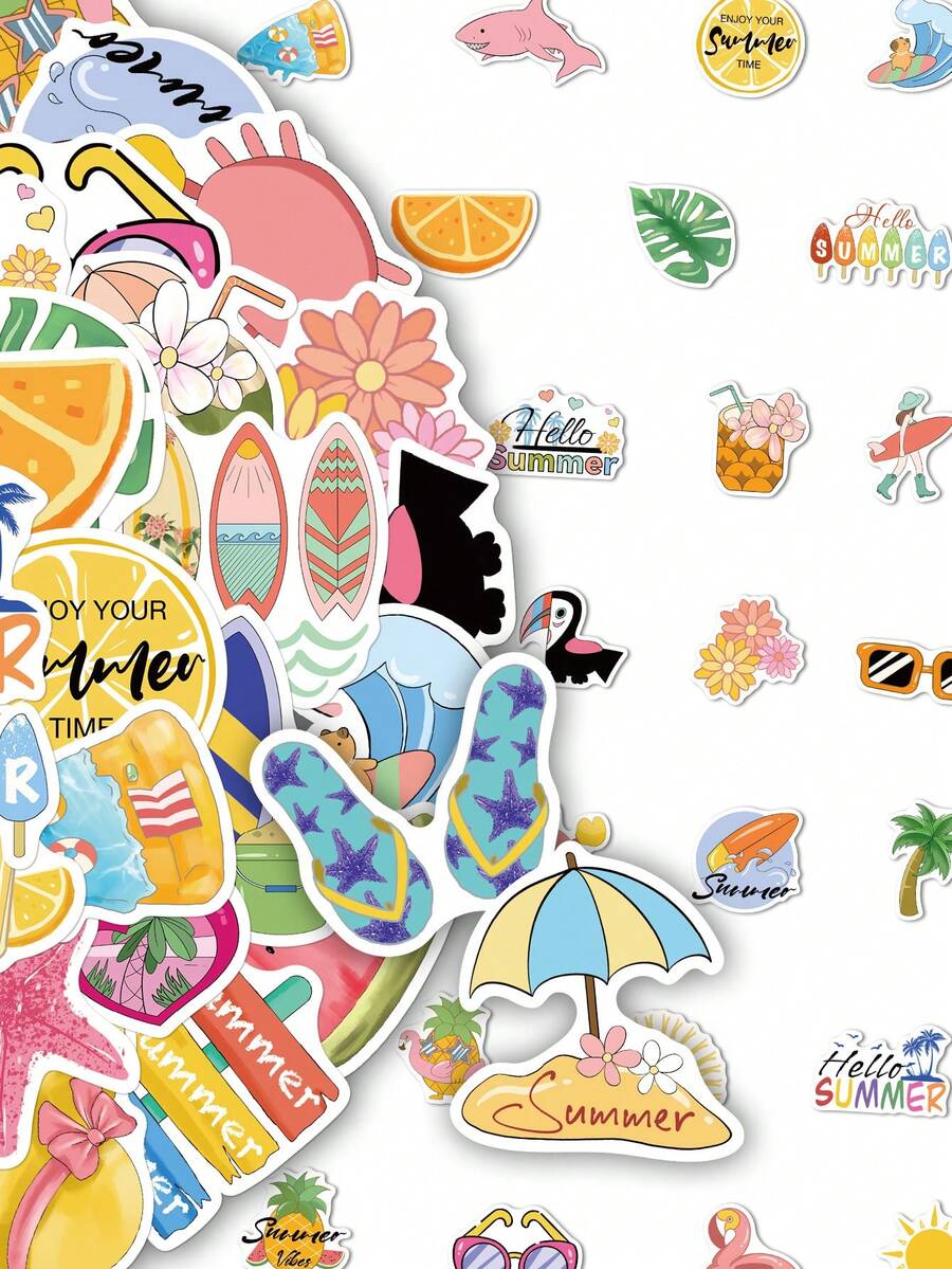 50pcs Summer Chill Vibes Creative Cartoon Stickers DIY Guitar Luggage Refrigerator Water Cup Planner Supplies Decorative Laptop Personalization Stickers - Multicolor - View 1