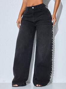 Quần jeans nữ ống rộng cạp thấp, màu xanh dương, kiểu dáng thường ngày, túi xéo, dáng suông. - màu đen - Xem 3