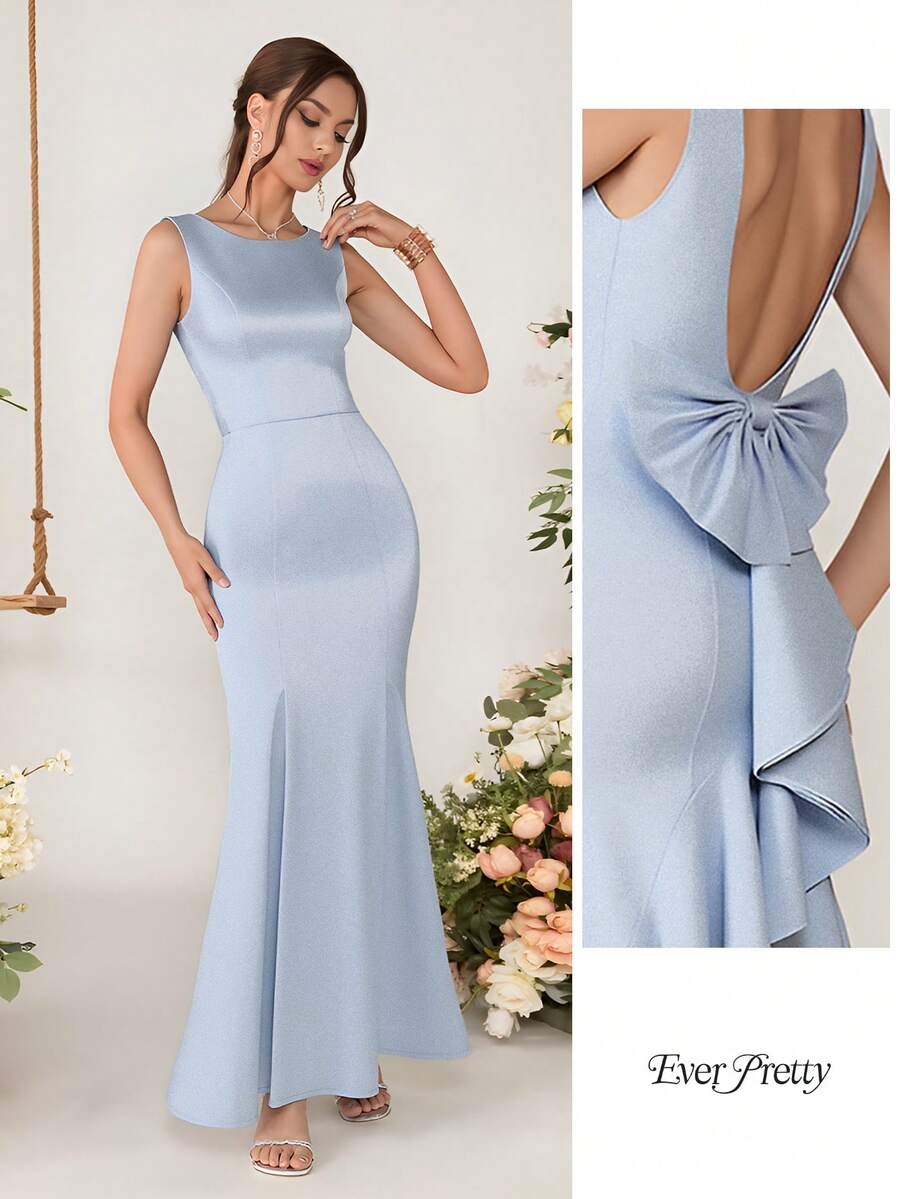 EVERPRETTY 蓝色正式礼服，后背系蝴蝶结，优雅伴娘礼服