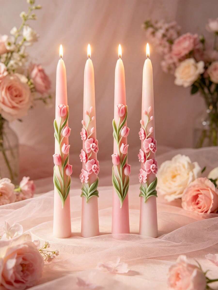 3D立体花朵浮雕蜡烛模具 - 渐变细长蜡烛造型/婚礼派对装饰模具/香薰DIY工具/家居装饰/摄影道具/创意礼物 - 長桿浮雕花朵蠟燭模具 - 查看 1