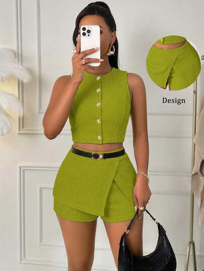 AIJ Bộ đồ hai mảnh màu kaki thanh lịch mùa hè Amarilo dành cho nữ, áo croptop không tay kẻ sọc.