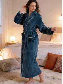 1pc Extra Long Flannel Bathrobe, Elegant Adult Flannel Bathrobe, Thermal Lined, Suitable For Hotels, Spas, Beauty Salons, Absorbent And Quick-Drying, Loose Fit, Multi-Color, Minimalist Design, Bathroom & Home Essentials - Multicolor - View 5
