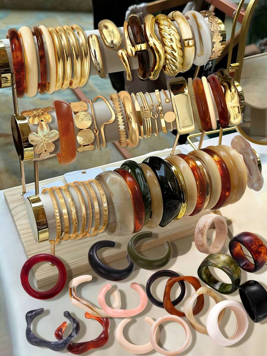 Juego de 10/5/3 piezas de pendientes de moda con estilo vintage de moneda, juego de joyas con pulsera minimalista gruesa asimétrica con textura de ola, corazón, estrella, flor geométrica elegante y gota de agua de resina teñida, adecuado para vacaciones, fiestas, regalos, uso diario - Multicolor - Ver 1