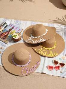 Personalized Crochet Knit Name Beach Hat, Bridesmaid Gift, Customized Summer Straw Hat, Women's Gift, Bridesmaid Hat Gift, Bachelor/Bachelorette Party Gift, Bridal Party Gift, Summer Vacation Hat - Khaki - View 2