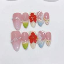 Almond Press On Nails French Manicure False Nails With 3D Floral Embossed Design Handmade Luxury Glue On Nails Women Girls Holiday Vacation Style - D599 - 查看 4