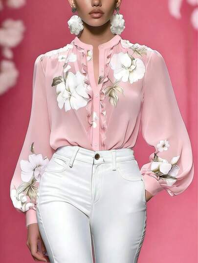 Áo kiểu chiffon cổ đứng tay phồng in hoa thanh lịch