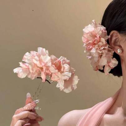 1pc Elegant Falling Sakura Floral Hair Clip, New Chinese Style Vacation Beach Vibe Decorative Hairpin