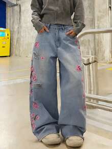 1件装女士做旧刺绣阔腿牛仔裤，宽松舒适休闲街头风牛仔裤，后袋装饰（不含腰带/配饰）春季款 - 淺色水洗藍 - 查看 4