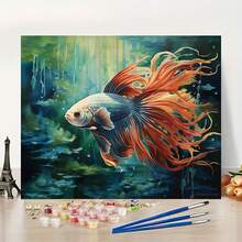 Uso artístico profesional, 1 pieza de pez Betta de cola larga, escena poética submarina con nado animado - Kit de pintura por números DIY para principiantes - 40.64x50.8 cm - Sin marco - Pintura por números - Set de arte hecho a mano - Pintura al óleo acrílica por números - Adecuado para decoración - Sin marco - Ver 2