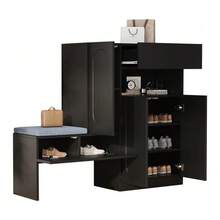 Modern 2-In-1 Shoe Cabinet With Curved Doors: Soft-Close Hinged Door, Height-Adjustable Compartments And Upholstered Bench, White, 130 * 35 * 110 Cm. - 黑色 - 查看 5