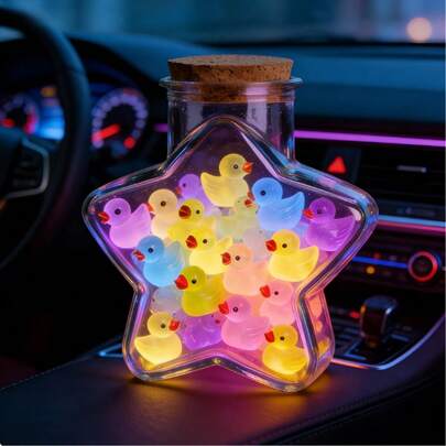 50 piezas Patos que brillan en la oscuridad + 1 pieza Maleta pequeña, Set de botellas transparentes con patos de plástico con estrellas, Figuritas de patos miniatura luminosos, Botella de plástico para deseos, Almacenamiento de joyas, Decoración de acuario, Decoración de coche/hogar, Decoración de jardín, Ornamento de oficina/dormitorio