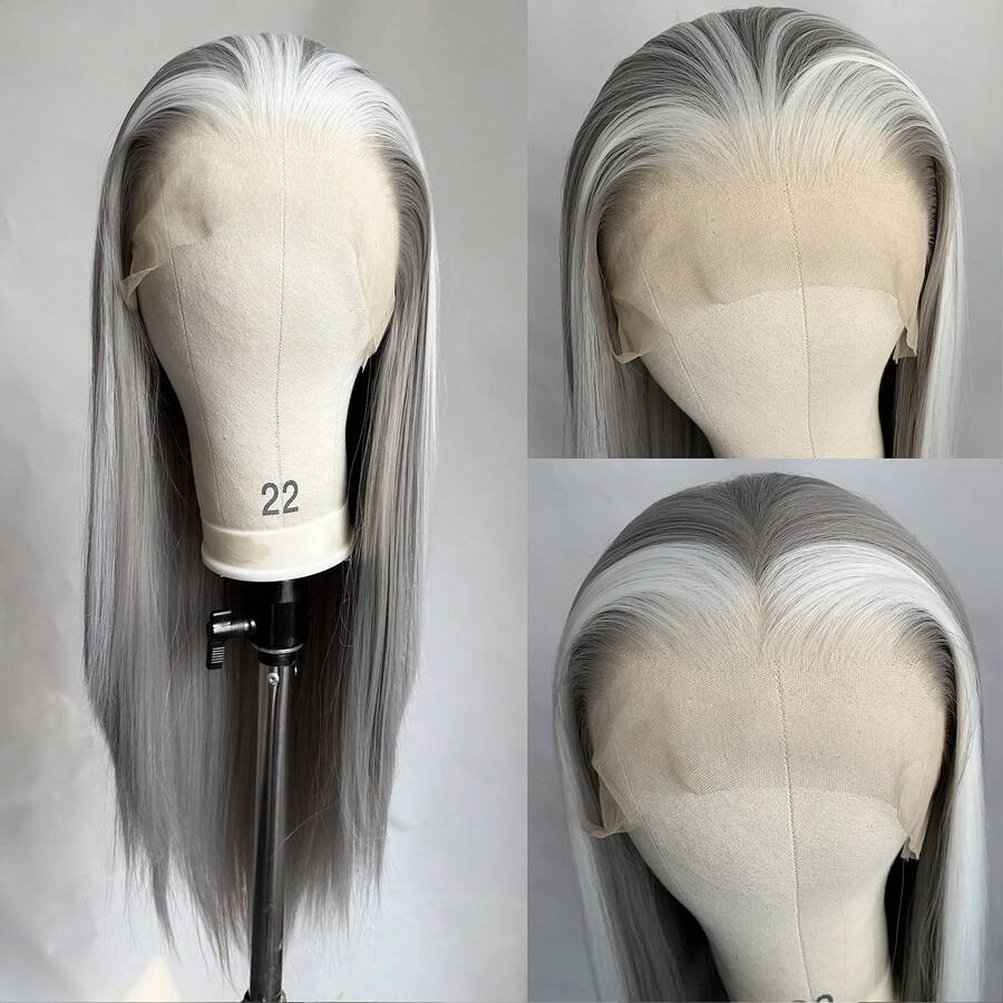 Silver Grey Lace Wig With White Highlights Long Silky Straight Synthetic Lace Front Wig For Women Natural Hairline - Multicolor - View 1