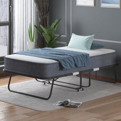 Folding Bed With 4" Memory Foam Mattress, Portable Rollaway Bed With Lockable Wheels, Foldable Guest Bed For Bedroom Office