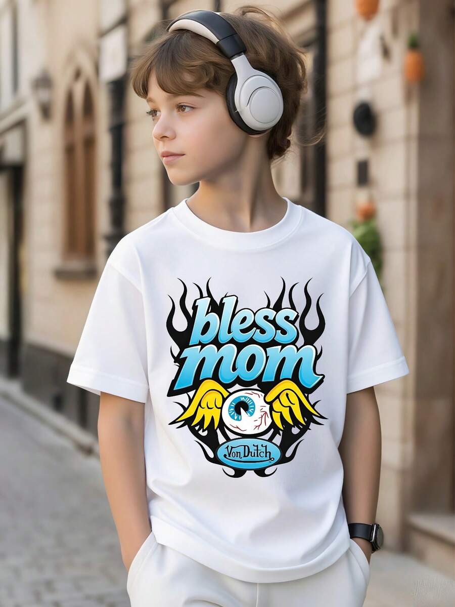 1pcs Tween Boy's The Original Von Dutchh Dragon And Flowers Design Fabric Soft & Skin-Friendly Unisex Style Gifts For Spring Festival, Valentine's Day, St. Patrick's Day & World Cup-Van Dutch Dragon Print Tween Boy T Shirt Classic Americana Style Graphic Tee - 白色 - 查看 1