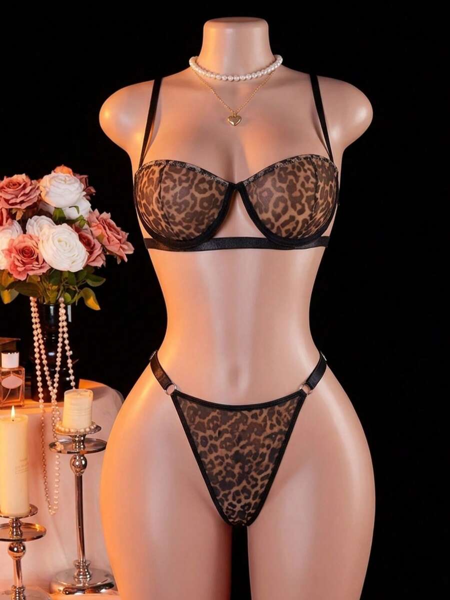 Bộ đồ lót gợi cảm họa tiết da báo, áo ngực có gọng và quần lọt khe 2 mảnh dành cho nữ. - Cà phê nâu - Xem 1