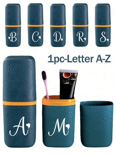白色爱心字母 A-Z 蓝色便携式牙刷盒，让您的牙刷保持清洁，方便携带！旅行牙刷架，便携式牙刷杯盖，适合旅行、露营、商务旅行和上学，多功能牙刷杯