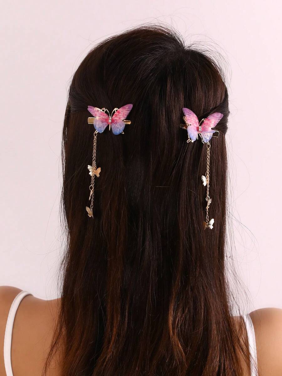 2个装女士简约渐变粉蓝蝴蝶流苏发夹，适合日常、春夏、海滩、派对等场合搭配 - 彩色 - 查看 1