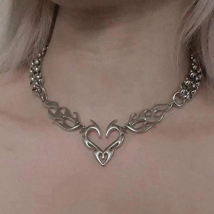 Y2K Punk Silver Hollow Flame Heart Pendant Women's Hip Hop Party Jewelry Gift - Xám thép - Xem 1