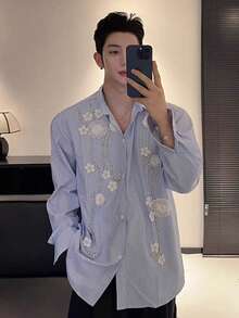 Handsome Shirt Jacket! Spring, American Style, Striped, Three-Dimensional Nail Flower, Street Style, Loose, Fashionable, Versatile, Casual, Handsome, Design Sense, Banquet, Party, Date, Men's Coat, Couple's Style - Màu xanh lam - Xem 1