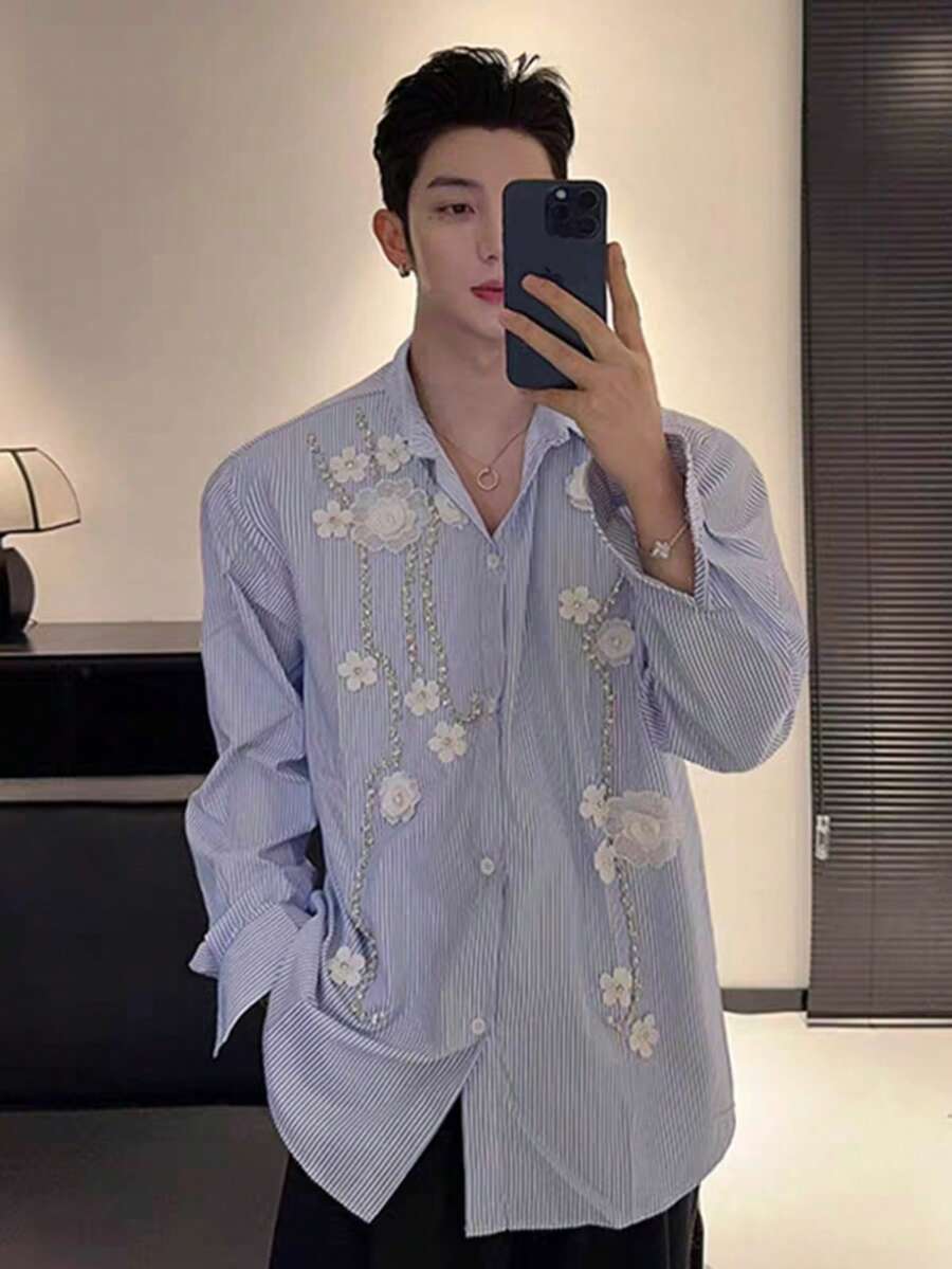 Handsome Shirt Jacket! Spring, American Style, Striped, Three-Dimensional Nail Flower, Street Style, Loose, Fashionable, Versatile, Casual, Handsome, Design Sense, Banquet, Party, Date, Men's Coat, Couple's Style - Màu xanh lam - Xem 1
