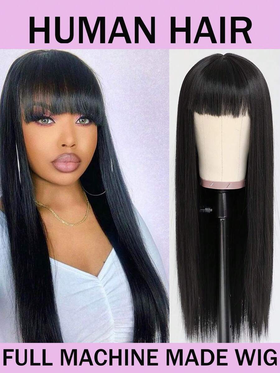 Perucas de Cabelo Humano Liso com Franja Reta Sem Frente de Renda, Densidade de 180%, Cabelo Virgem Brasileiro Longo, Peruca Sem Cola Feita à Máquina para Mulheres, Cor Preta Natural, Peruca para Festa de Cosplay - Natural Black - Visão 1