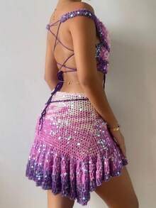 Y2K Women's 3D Butterfly Sequin Crop Top, Off Shoulder Cut Out Tie Front Glitter Top For Festival Rave Vacation - Multicolor - View 4