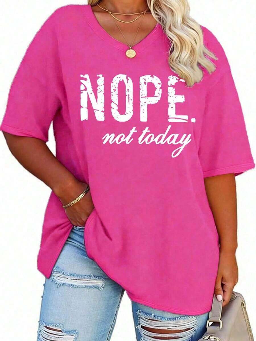 Large V-Neck Short Sleeved T-Shirt With Print, Suitable For Spring And Summer, Women's Clothing Graphic Tees Women Tops - Hot Pink - View 1