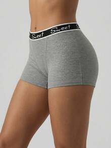 Women's Grey Letter Waistband Boyshort Panties, Casual Sports Shorts - Grey - View 4