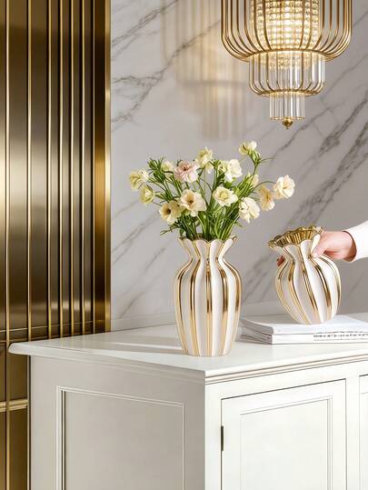 1pc Gold-Trimmed Conical Ceramic Vase, High-End Light Luxury Design, European & American Style. Suitable For Living Room, Entrance, Outdoor And Multiple Scenarios. Water-Fillable For Fresh Flower Arrangement, Ideal Festival Gift Vase.
