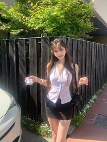 女士无袖翻领吊带衫，修身夏季休闲上衣 - 淡紫色 - 查看 1