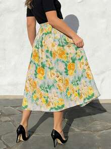 春夏印花A字裙，优雅百搭，适合通勤和度假，弹性腰带 - 黃色 - 查看 2