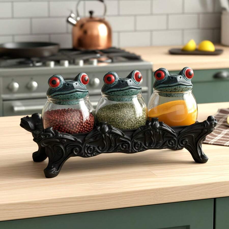 Set 3 Buah Toples Ramuan Gaya Gotik Penyihir & Katak, Wadah Penyimpanan Keramik Buatan Tangan dengan Tutup Katak dan Alas Logam, Toples Bumbu Dapur Halloween untuk Rempah-rempah, Teh, Garam, Gula, Kopi, Dekorasi Rumah Estetika Gelap yang Unik, Hadiah Kreatif