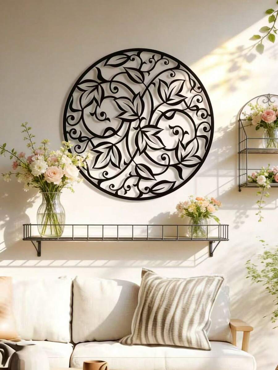 Iron Vine Wreath Circular Decorative Wall Hanging, Metal Art Housewarming Gift Home Decor - Black - View 1