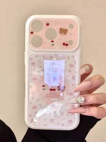 Cute Bow Teddy Bear & Apple Full Screen Pink Tulip Phone Case, Fashionable New TPU Protective Back Cover Gift For IPhone 17 Pro Max, 16, 15, 14 Pro Max - Pink - View 5