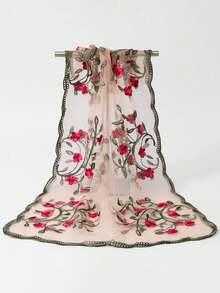 1pc Embroidered Lace Rose Floral Scarf, Shawl, Headscarf, Neckerchief - Multicolor - View 12