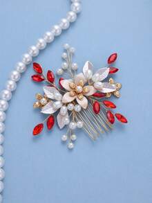 1pc Elegant Women's Ruby & Pearl Hair Comb, European & American Style Bridal Headpiece, Formal Party Hair Accessory,Summer,Holiday,Travel, Bride Accessories - Multicolor - View 4