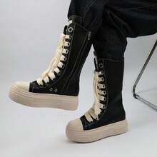 Street Fashionable Platform Long Boots For Woman And Man Lace-Up With Side Zipper Unisex Mid-Calf Boots Thick Sole Black Booties - Black - View 1