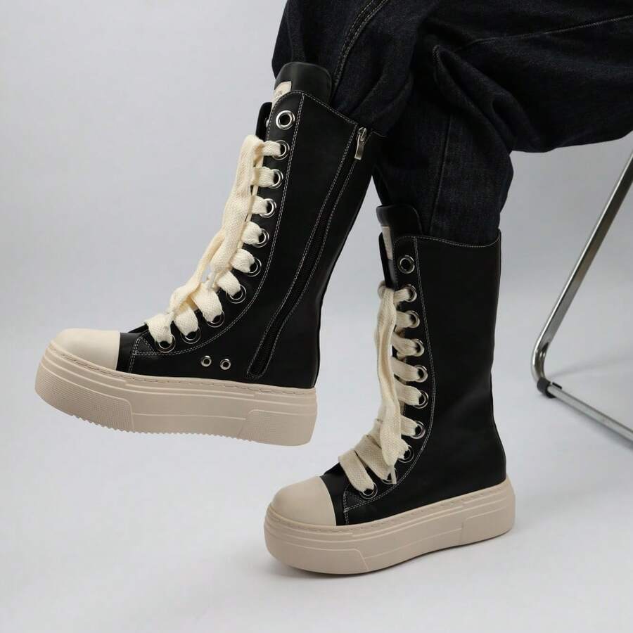Street Fashionable Platform Long Boots For Woman And Man Lace-Up With Side Zipper Unisex Mid-Calf Boots Thick Sole Black Booties - Black - View 1