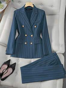 HOMEYEE Bộ vest kẻ sọc, áo blazer hai hàng cúc kiểu công sở và quần tây ống đứng, kiểu dáng đa năng phù hợp cho nhiều dịp, bộ 2 món. - Màu xanh nhạt - Xem 11