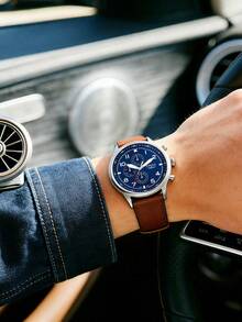 Fossil Men's Quartz Watch Vintage Pilot Chronograph, Cobalt Blue Dial With White Arabic Numerals And Arrow Markers, 3 Sub-Dials, Red Seconds Hand, Stainless Steel Case, Smooth Brown Leather Strap, Retro Pilot Style Gift - Brown - View 3