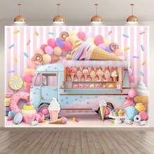 2D Flat, 1-Piece Summer Ice Cream Truck Backdrop – Features A Bright Cartoon Design Decorated With Balloons, Lollipops, Donuts, And Cupcake Patterns. Made Of Durable Polyester Material, Suitable For Birthday Parties, Baby Showers, And Indoor And Outdoor Events. Machine Washable, Metal Eyelets Are Rust-Proof - Multicolor - View 2