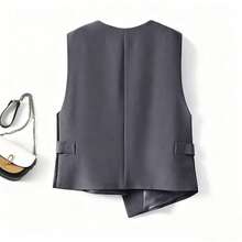 女士春季新款不对称设计背心套装，女士无袖上衣，叠层无袖优雅外套，轻薄外套 - 灰色 - 查看 1