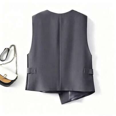女士春季新款灰色不对称设计西装背心，女士露背上衣，叠穿无袖优雅外套，轻薄大衣