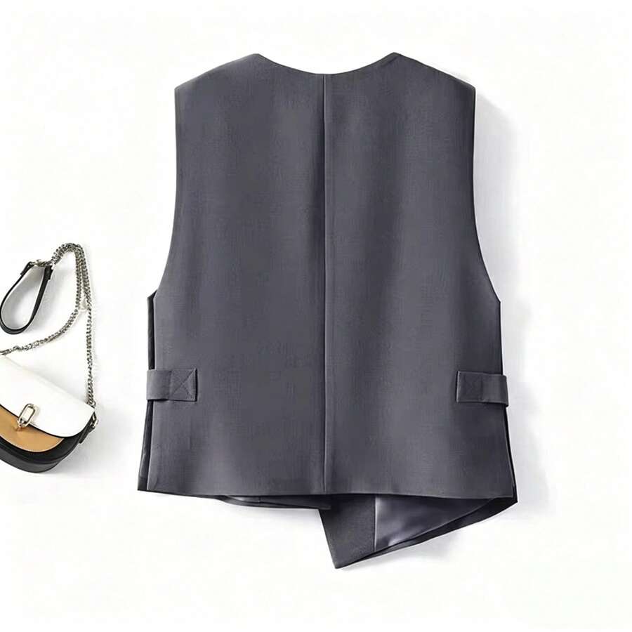 女士春季新款不对称设计背心套装，女士无袖上衣，叠层无袖优雅外套，轻薄外套 - 灰色 - 查看 1