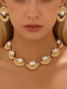 2 Peças Conjunto de Colar e Brincos com Padrão de Concha Falso Pérola, Estilo Europeu e Americano, Luxuoso, Elegante Vintage para Festa - Amarelo dourado + branco - Visão 3