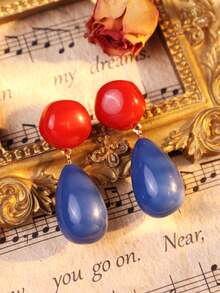 一对撞色复古港式耳环，夸张几何水滴耳环，独特时尚度假耳环 - 藍色 - 查看 3